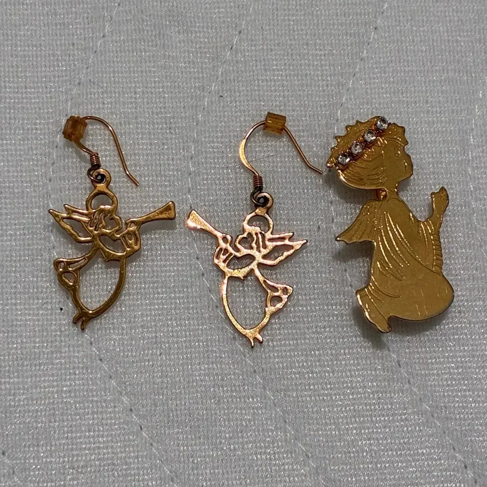 Vintage Christmas Angel Jewelry Lot Gold Tone Trumpet Earrings Angel Brooch